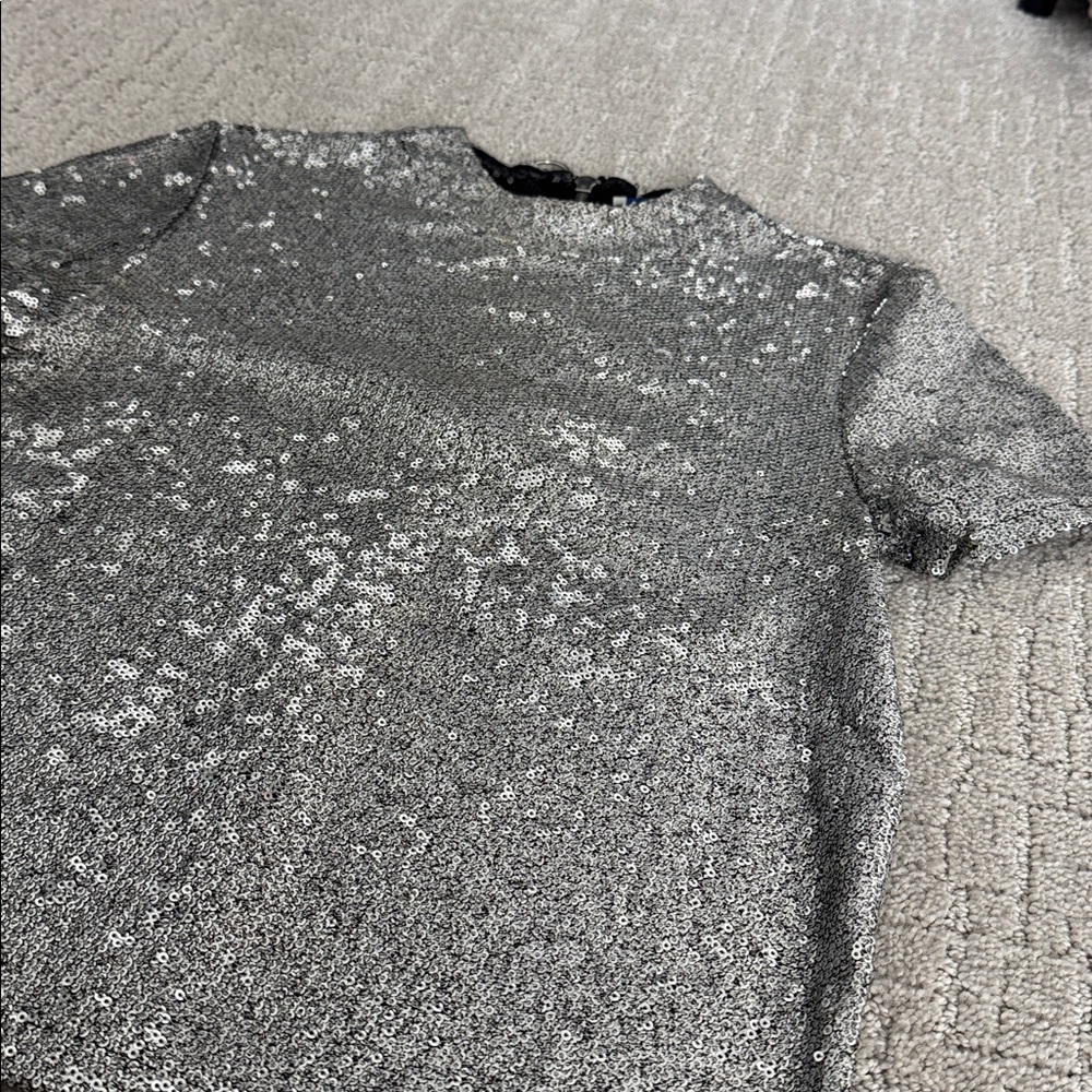Zara Sparkly Sequined Knit Mock Neck Short Sleeve Blouse Top - Picture 3 of 6